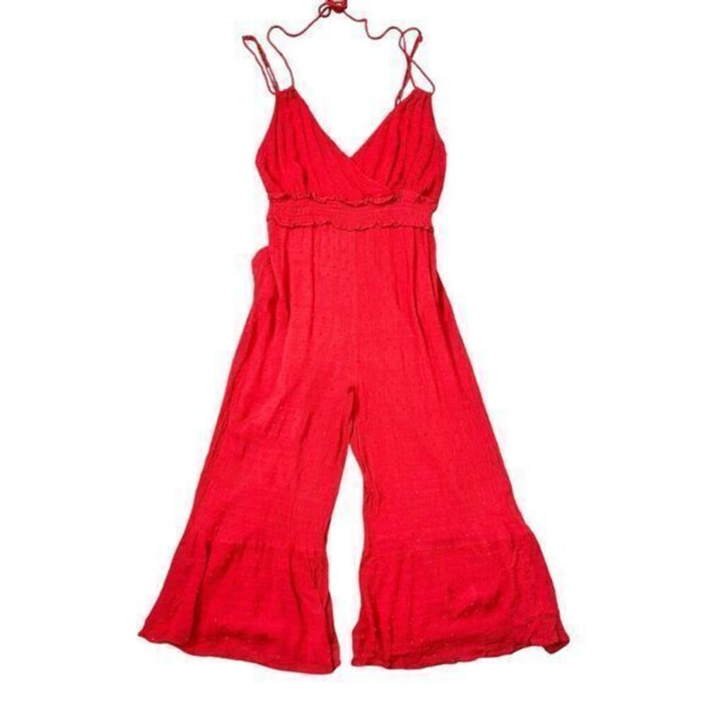 Lush Jumpsuit Womens Large Red Surplice Halter Wide Leg Swiss Dot Rayon Flare
